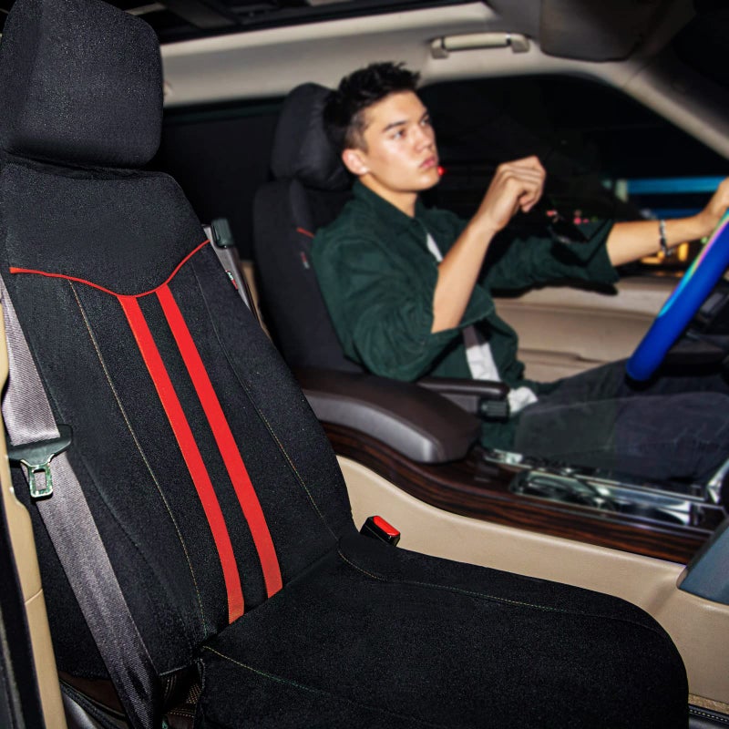 CAR-GRAND Universal Stylish Piping Cloth Car Seat Covers Full Set, Breathable and Washable Automotive Seat Covers with Air Compatible,3 Zipper Bench Design,Fit 90% SUV,Truck,Sedan (Black and Red) - Image 5